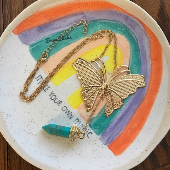 💥3for$28  New Golden Butterfly & Turquoise Marbled Crystal Charm Necklace - Picture 10 of 14